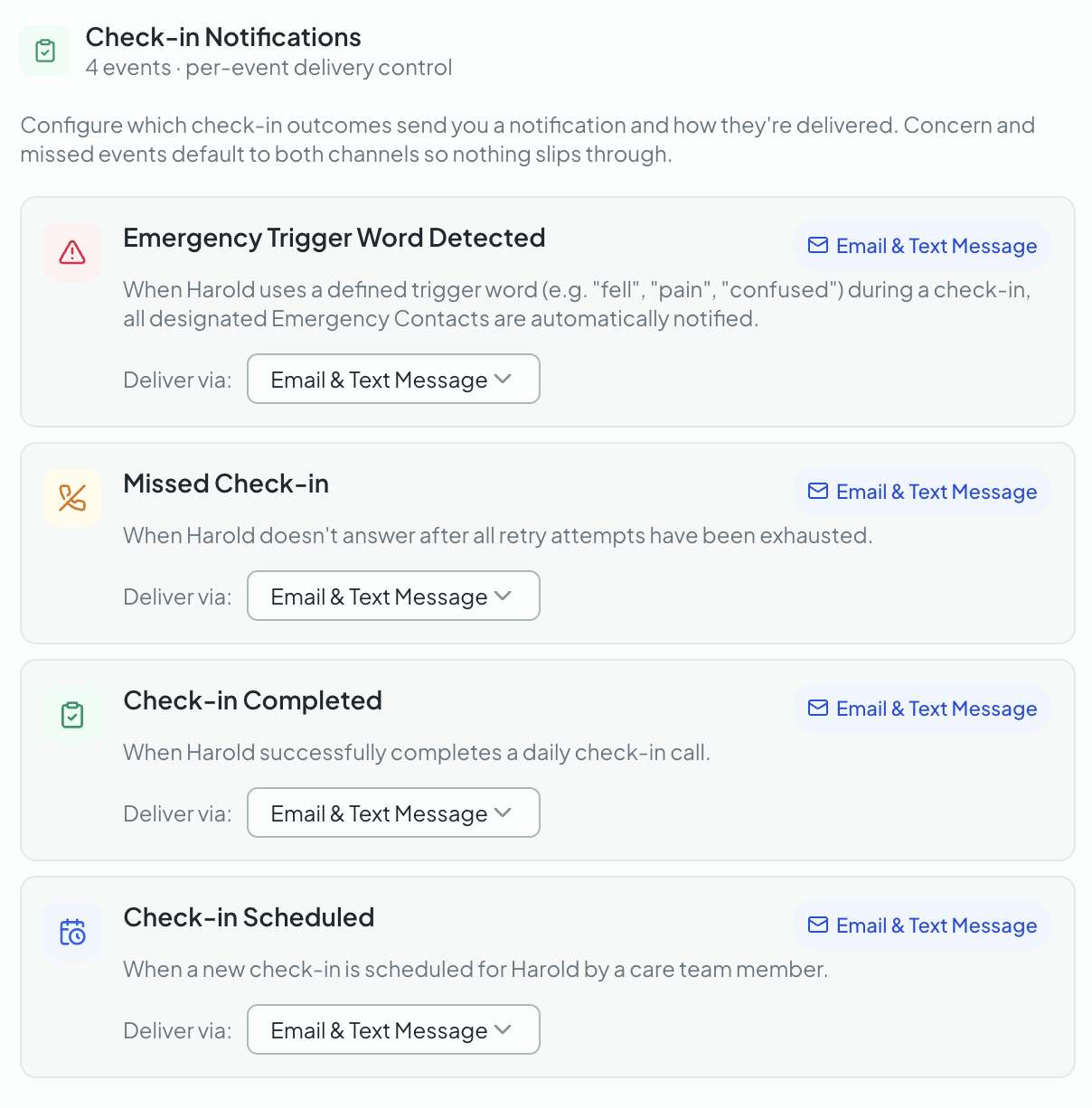 Voice check-in notification settings showing configurable alerts for emergency triggers, missed check-ins, completed check-ins, and scheduled check-ins