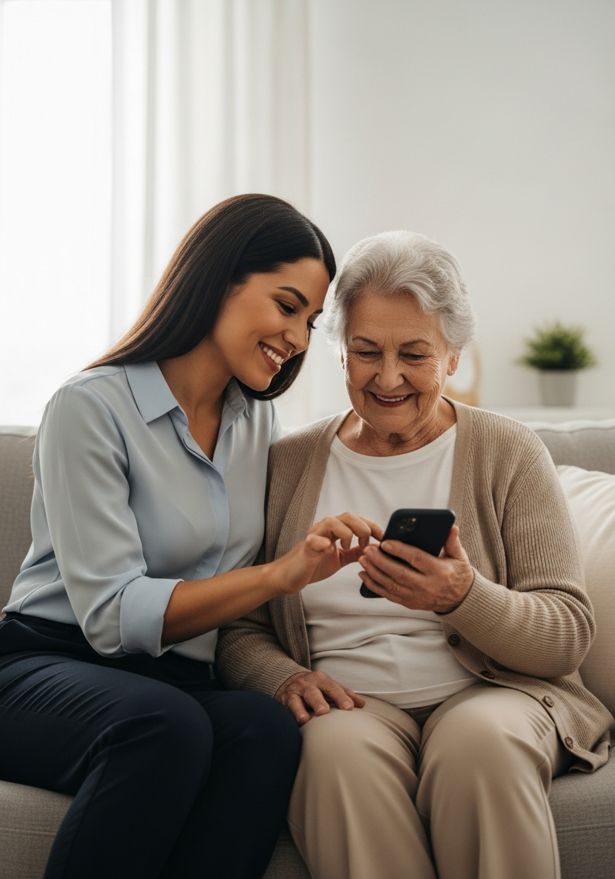 Caregiver warmly helping their elderly parent with a phone