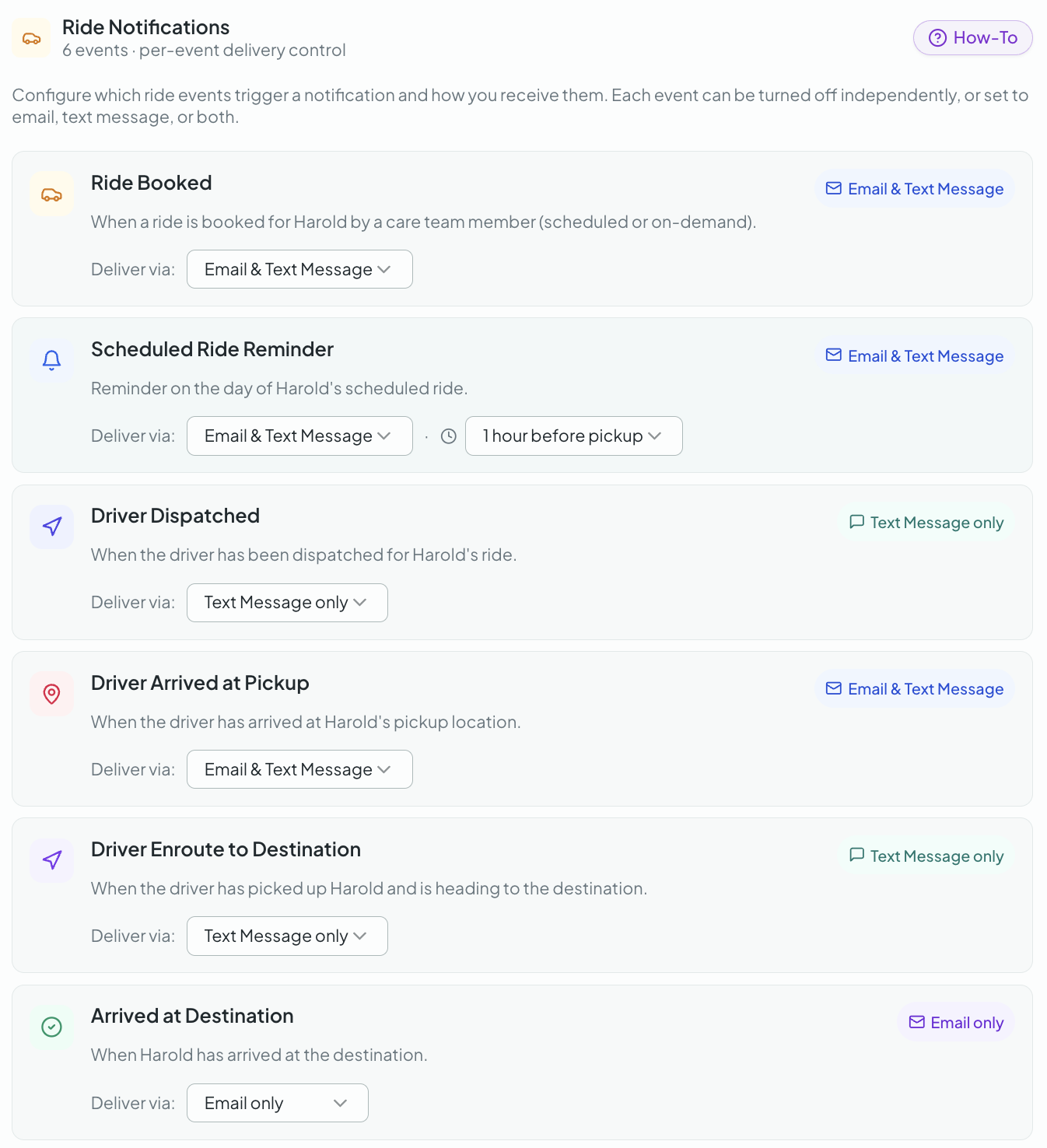 Ride notification settings showing configurable alerts for ride booked, driver dispatched, driver arrived, and destination arrival